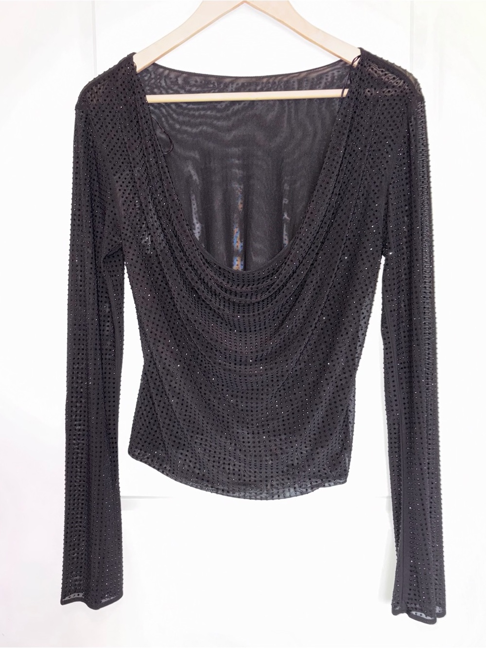 Zara Black Mesh Draped Tulle Top with Rhinestones